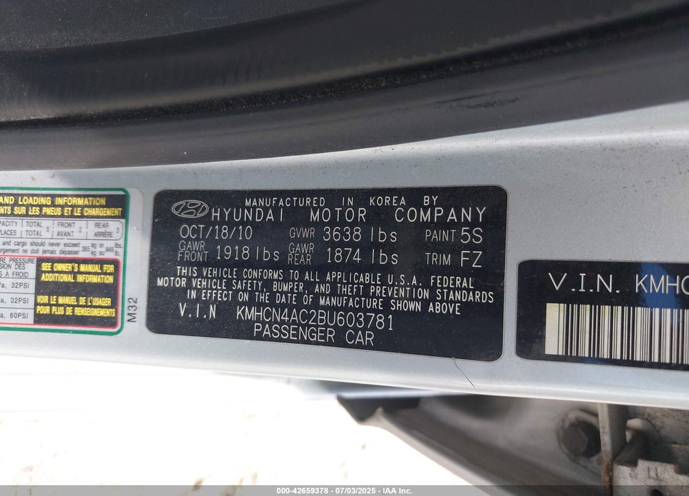 2011 HYUNDAI ACCENT VIN: KMHCN4AC2BU603781