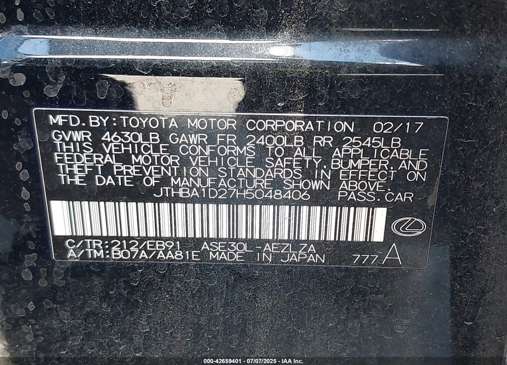 2017 LEXUS IS 200T VIN: JTHBA1D27H5048406