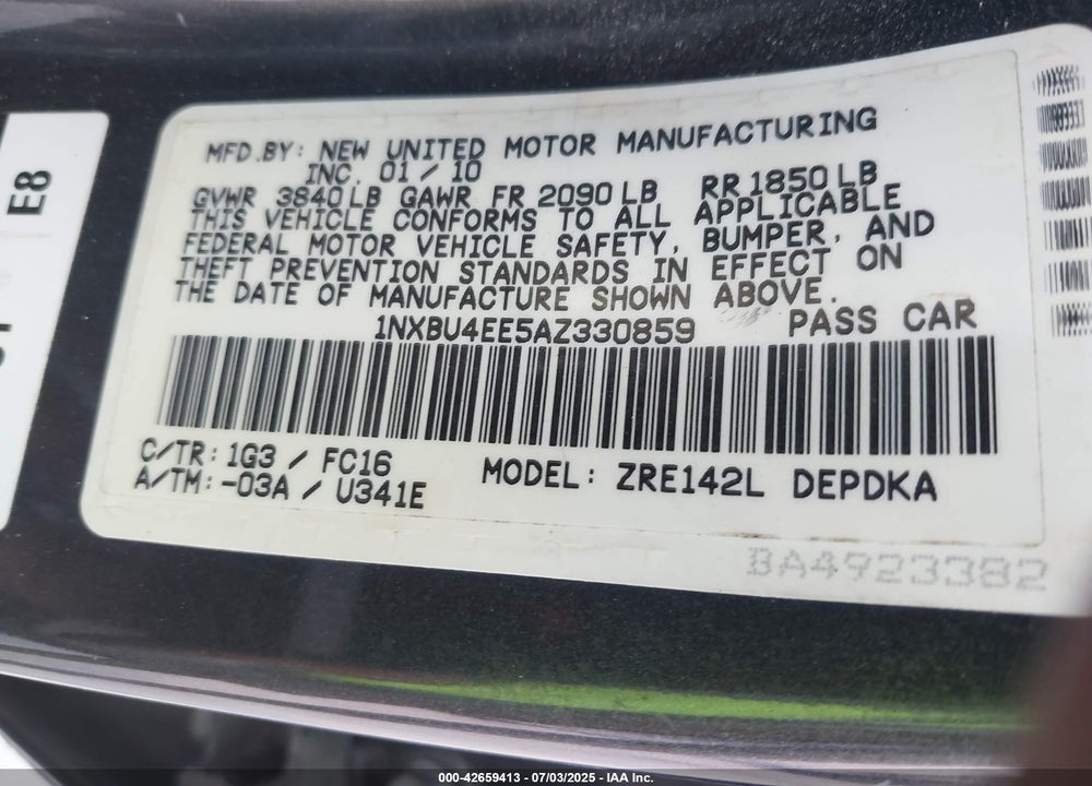 2010 TOYOTA COROLLA VIN: 1NXBU4EE5AZ330859
