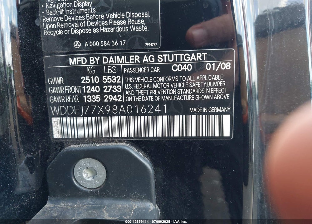 2008 MERCEDES-BENZ CL-CLASS VIN: WDDEJ77X98A016241