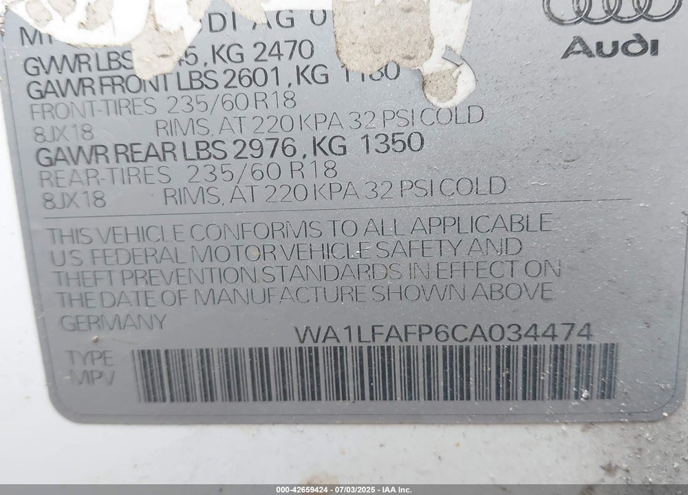 2012 AUDI Q5 VIN: WA1LFAFP6CA034474