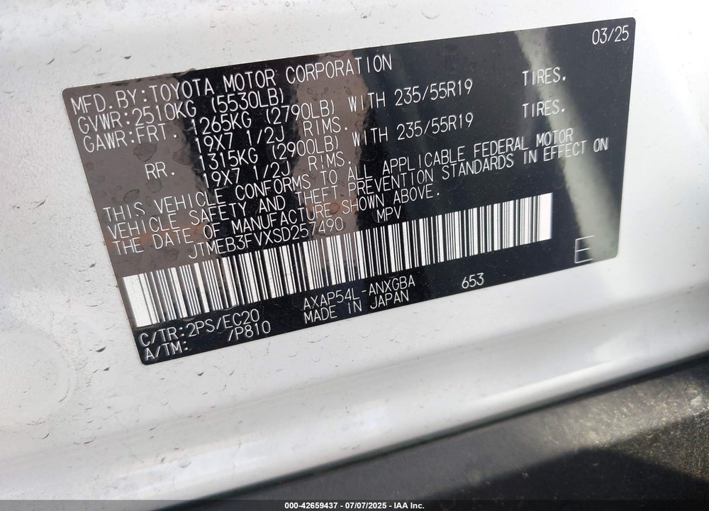 2025 TOYOTA RAV4 VIN: JTMEB3FVXSD257490