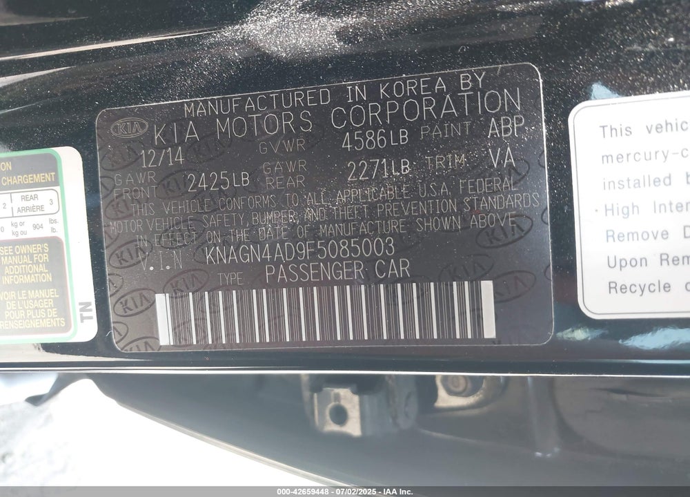 2015 KIA OPTIMA HYBRID VIN: KNAGN4AD9F5085003