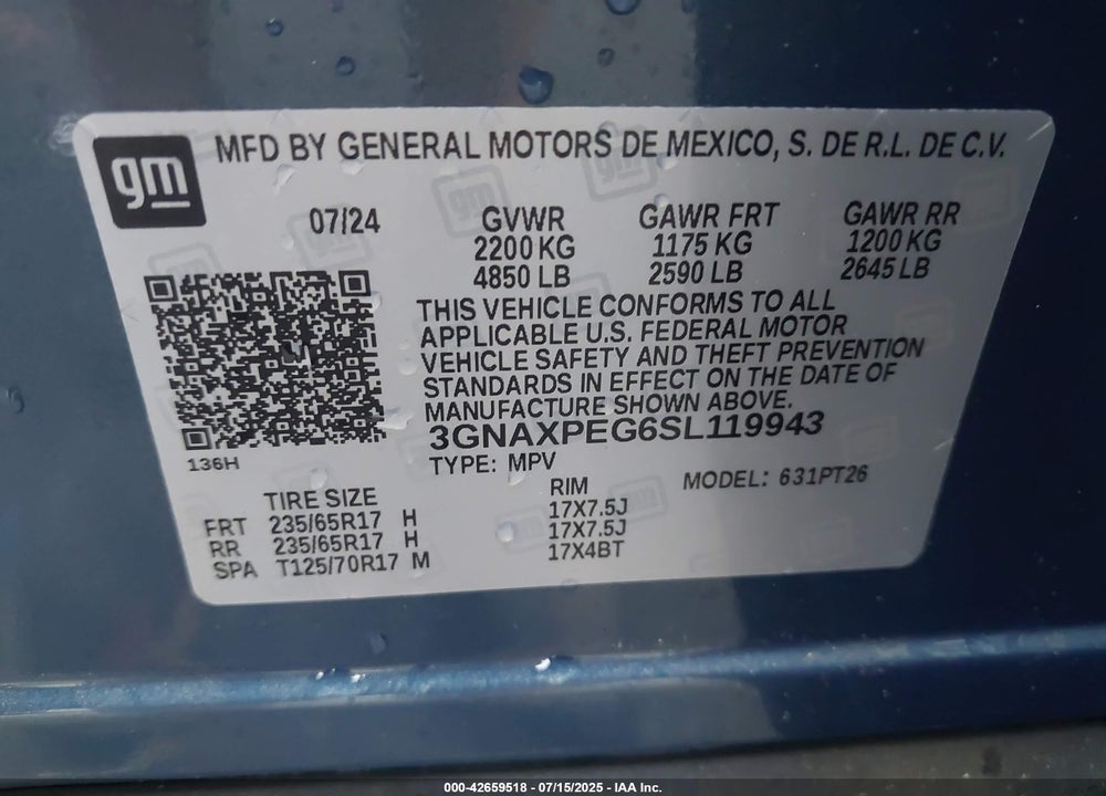 2025 CHEVROLET EQUINOX VIN: 3GNAXPEG6SL119943