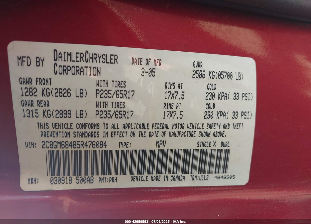 2005 CHRYSLER PACIFICA TOURING VIN: 2C8GM68485R476084