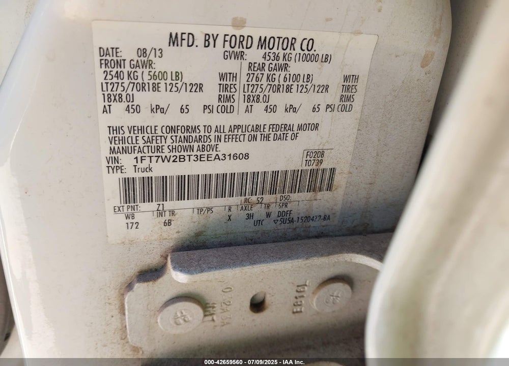 2014 FORD F-250 LARIAT VIN: 1FT7W2BT3EEA31608