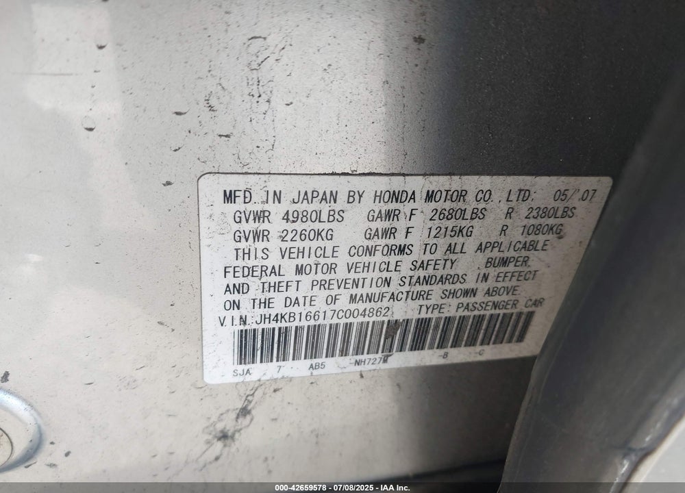 2007 ACURA RL 3.5 VIN: JH4KB16617C004862