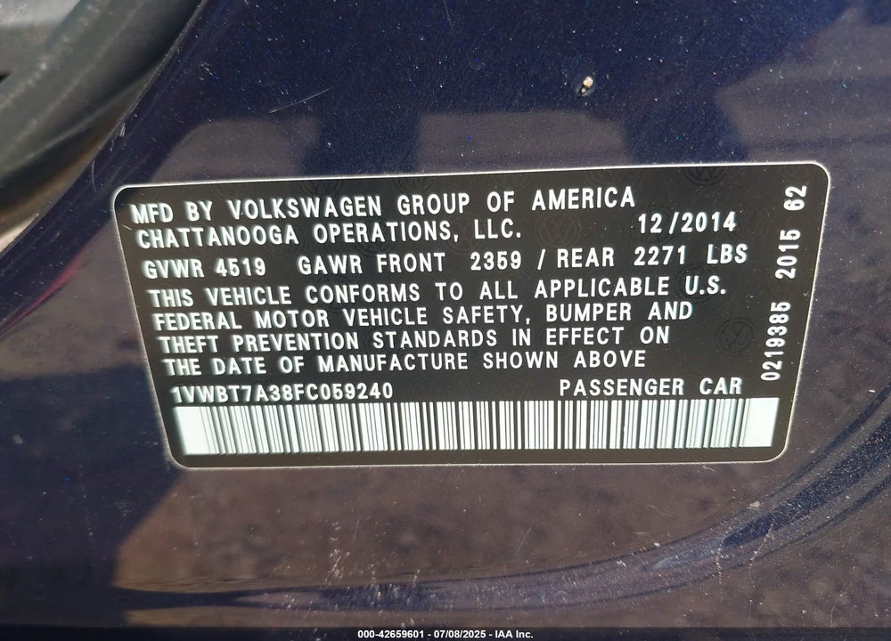 2015 VOLKSWAGEN PASSAT VIN: 1VWBT7A38FC059240
