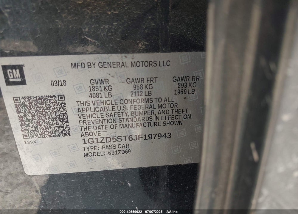 2018 CHEVROLET MALIBU LT VIN: 1G1ZD5ST6JF197943
