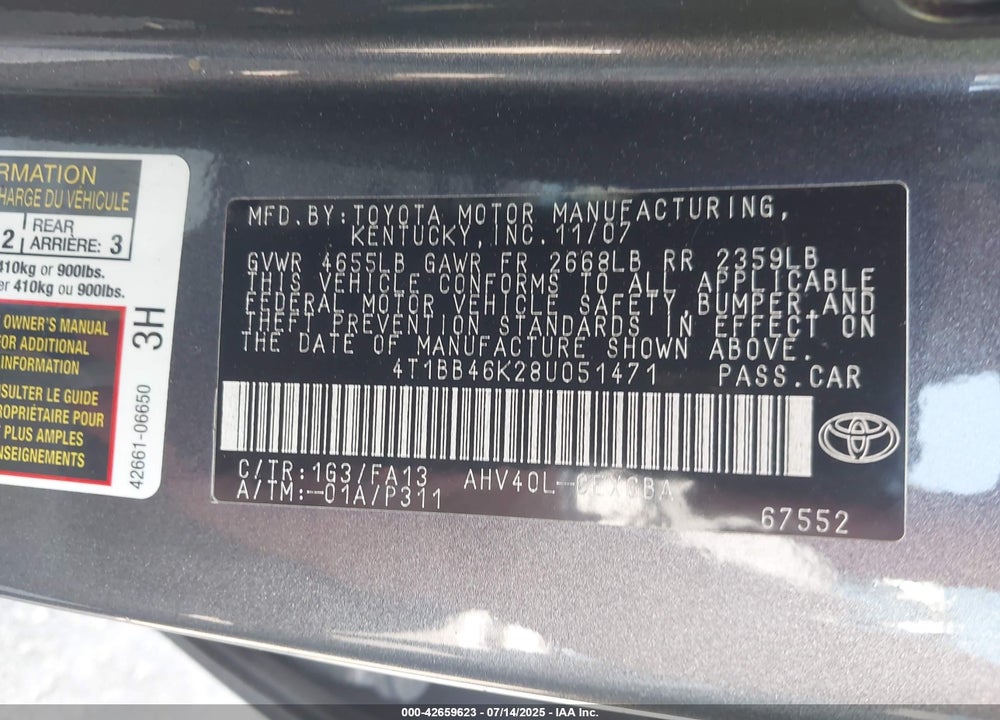 2008 TOYOTA CAMRY HYBRID VIN: 4T1BB46K28U051471