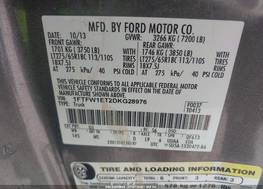 2013 FORD F-150 XLT VIN: 1FTFW1ET2DKG28976