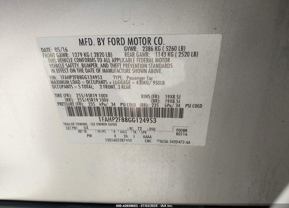 2016 FORD TAURUS VIN: 1FAHP2F88GG124953