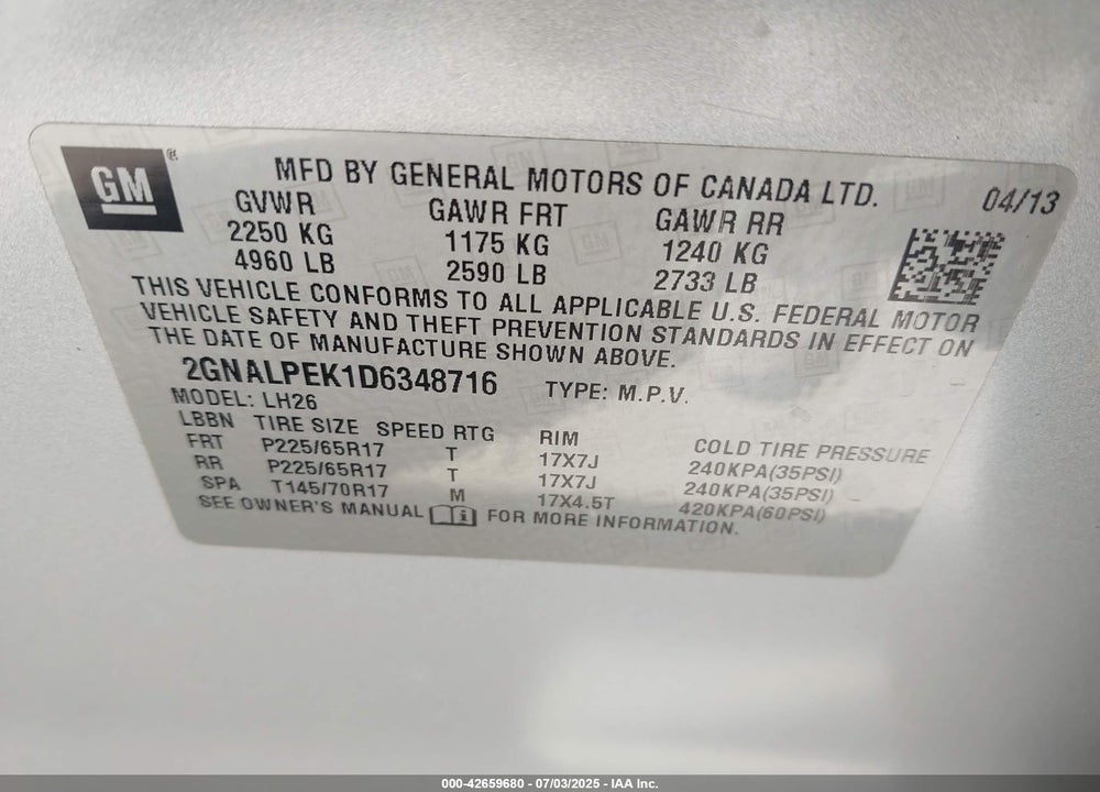 2013 CHEVROLET EQUINOX VIN: 2GNALPEK1D6348716