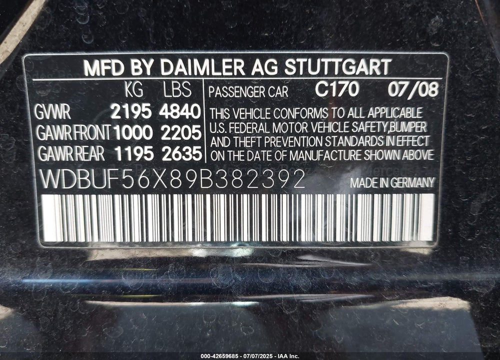 2009 MERCEDES-BENZ E-CLASS VIN: WDBUF56X89B382392