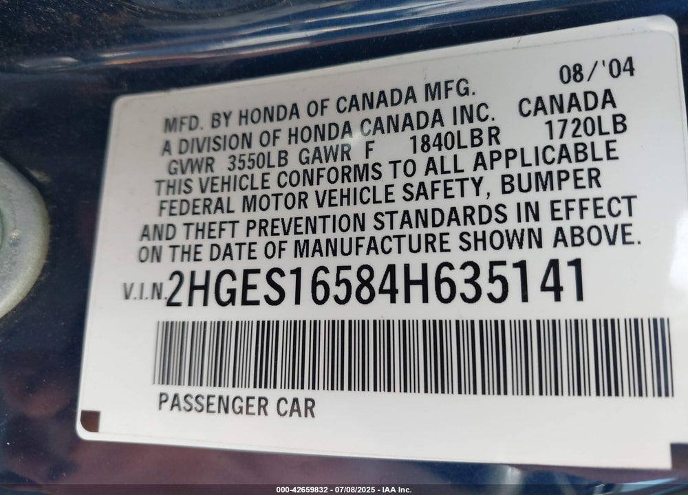 2004 HONDA CIVIC LX VIN: 2HGES16584H635141