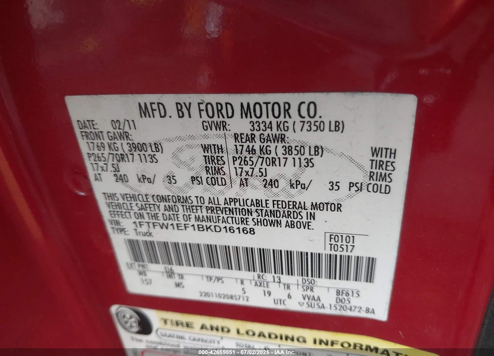 2011 FORD F-150 VIN: 1FTFW1EF1BKD16168