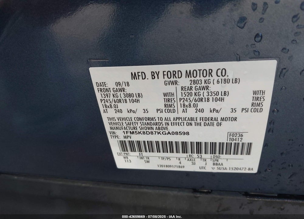 2019 FORD EXPLORER VIN: 1FM5K8D87KGA08598