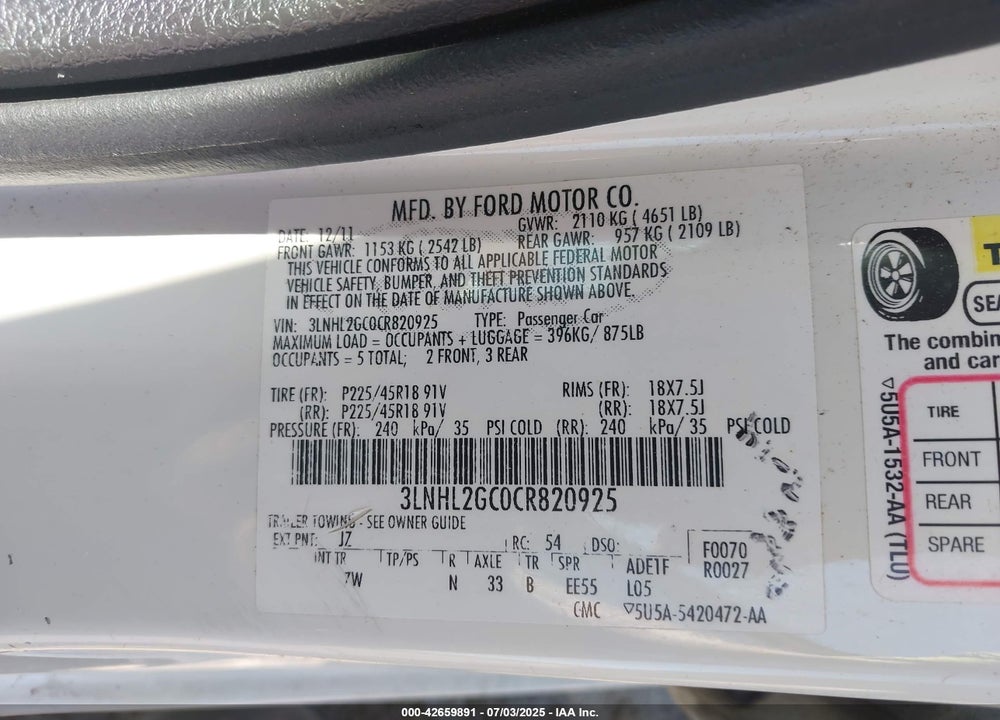2012 LINCOLN MKZ VIN: 3LNHL2GC0CR820925