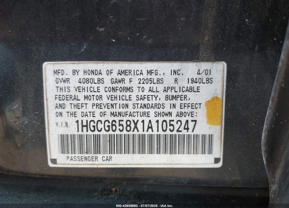 2001 HONDA ACCORD 2.3 EX VIN: 1HGCG658X1A105247