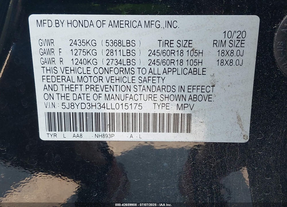 2020 ACURA MDX VIN: 5J8YD3H34LL015175