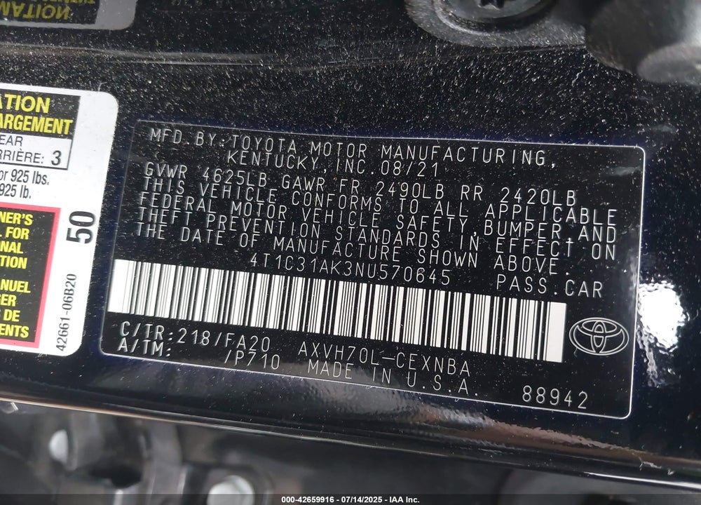2022 TOYOTA CAMRY VIN: 4T1C31AK3NU570645