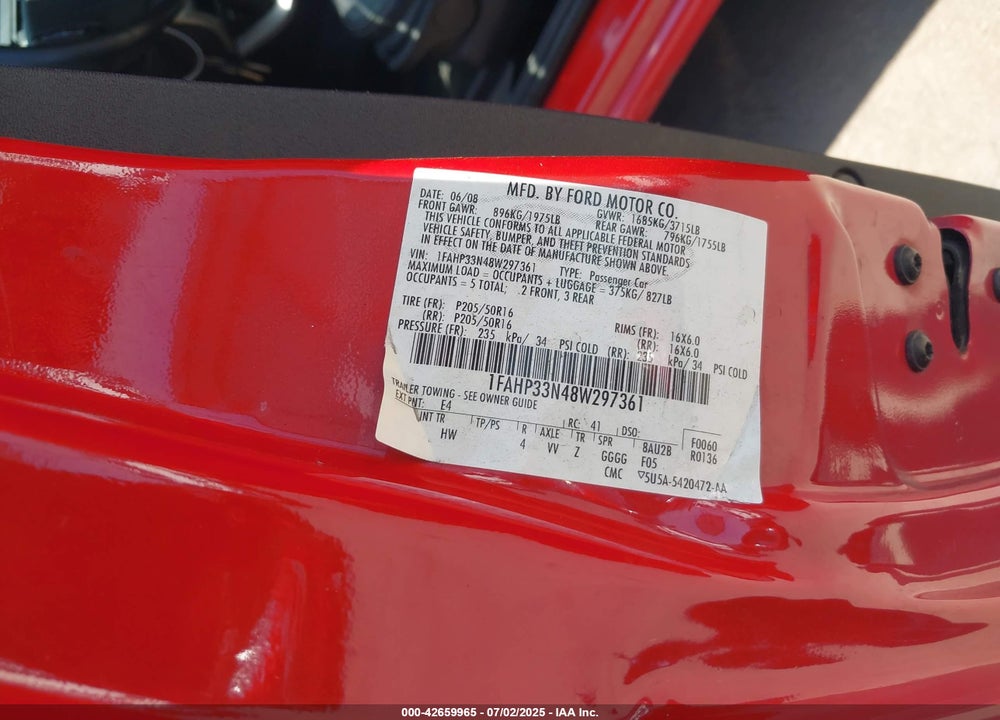2008 FORD FOCUS VIN: 1FAHP33N48W297361