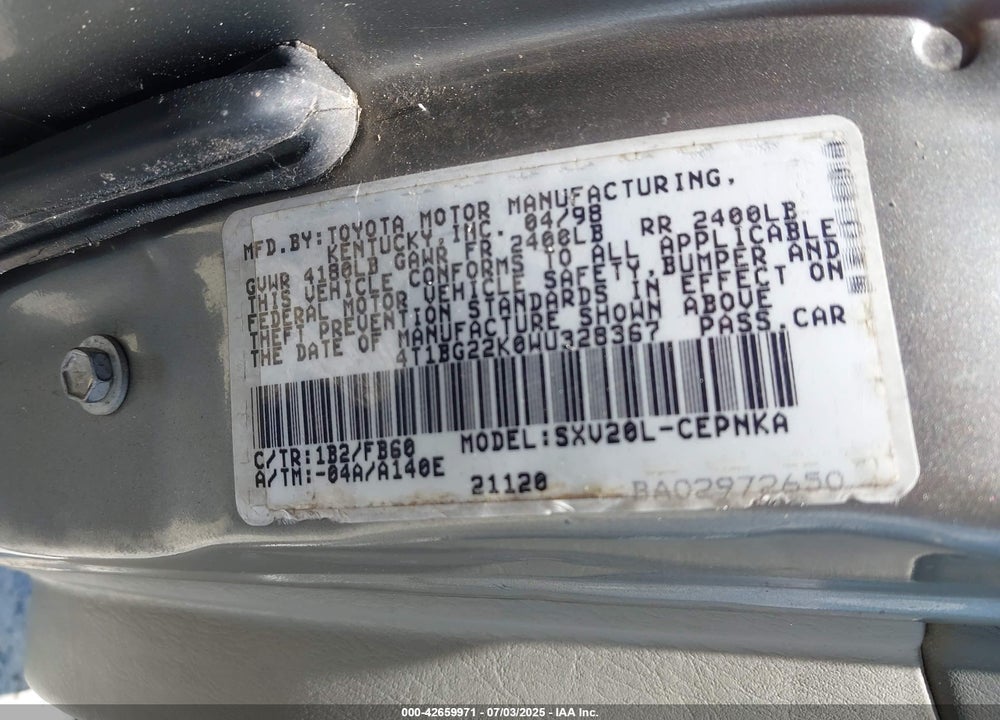 1998 TOYOTA CAMRY LE VIN: 4T1BG22K0WU328367