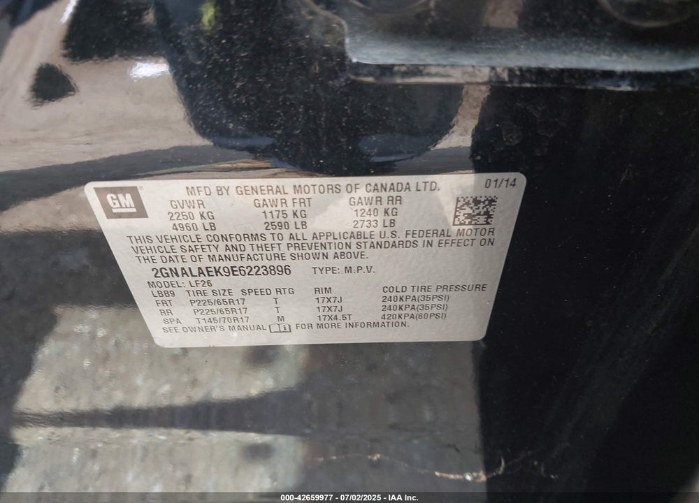 2014 CHEVROLET EQUINOX VIN: 2GNALAEK9E6223896