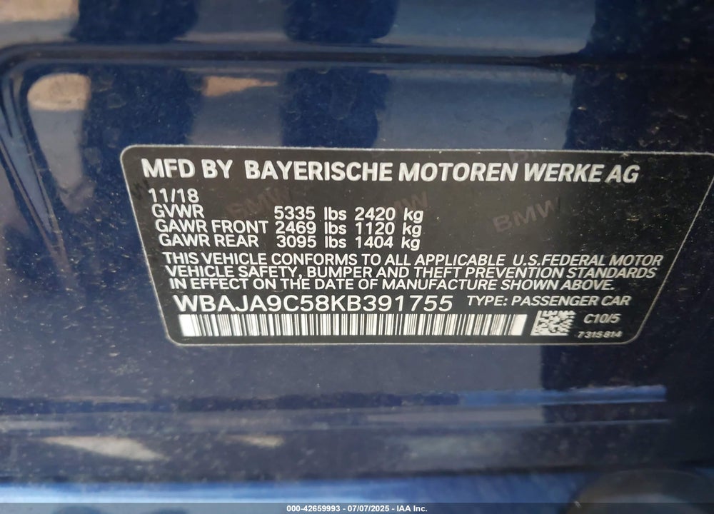 2019 BMW 5 SERIES VIN: WBAJA9C58KB391755