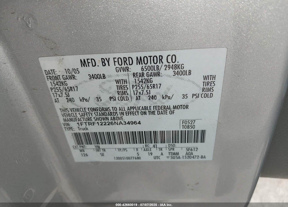 2006 FORD F-150 STX/XL/XLT VIN: 1FTRF12226NA34964