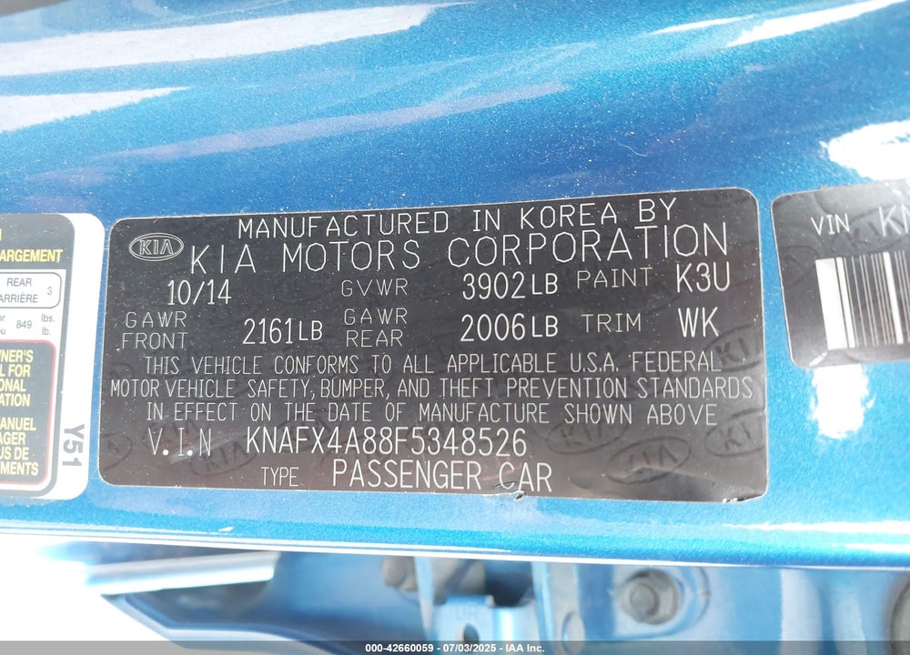 2015 KIA FORTE VIN: KNAFX4A88F5348526