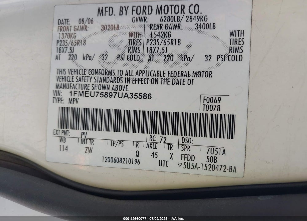 2007 FORD EXPLORER LIMITED VIN: 1FMEU75897UA35586