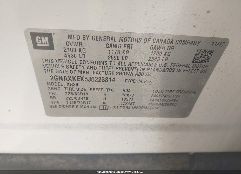 2018 CHEVROLET EQUINOX VIN: 2GNAXKEX5J6223314
