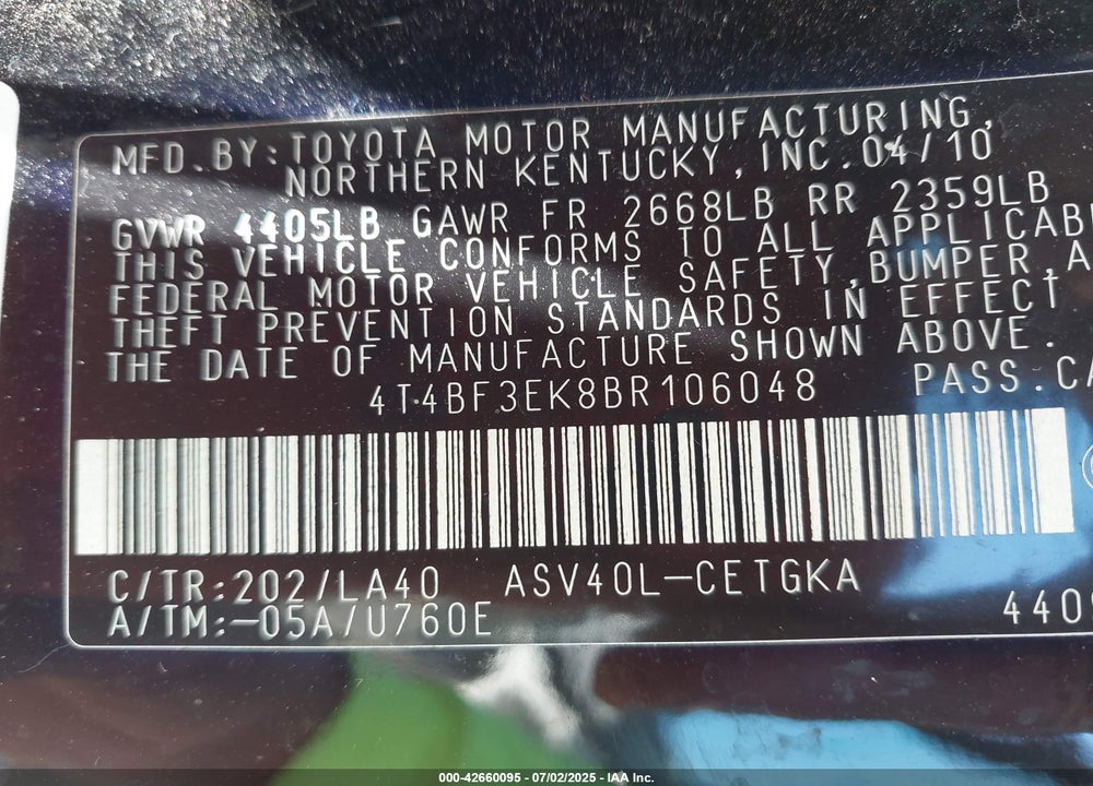 2011 TOYOTA CAMRY VIN: 4T4BF3EK8BR106048