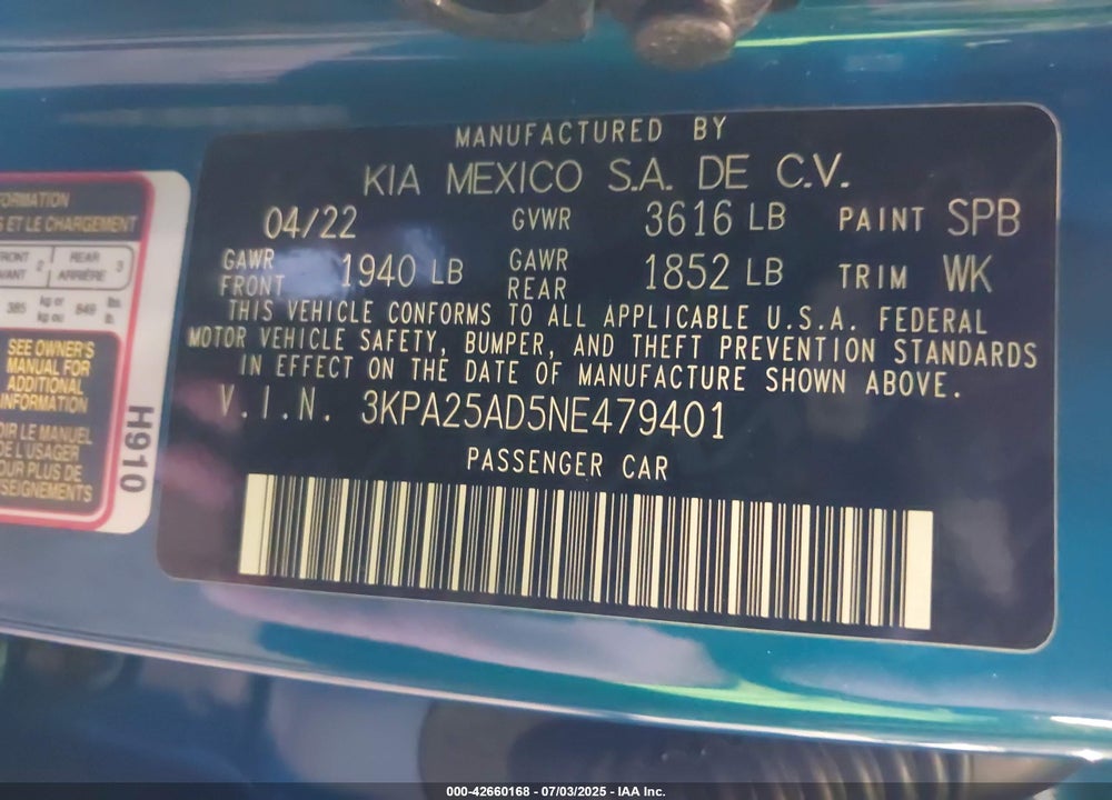 2022 KIA RIO VIN: 3KPA25AD5NE479401
