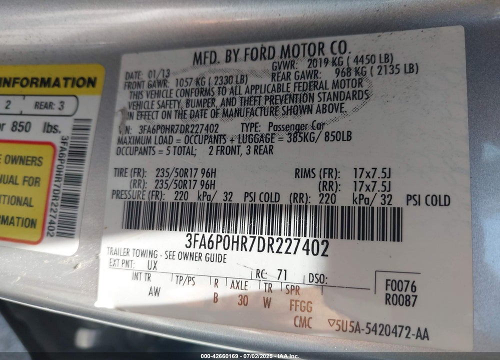 2013 FORD FUSION VIN: 3FA6P0HR7DR227402