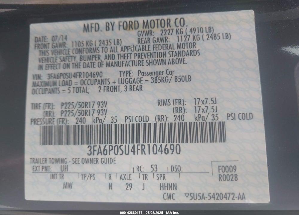 2015 FORD FUSION ENERGI VIN: 3FA6P0SU4FR104690