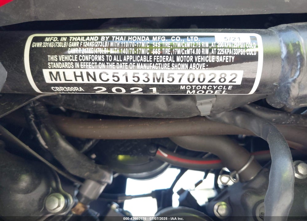 2021 HONDA CBR300 VIN: MLHNC5153M5700282