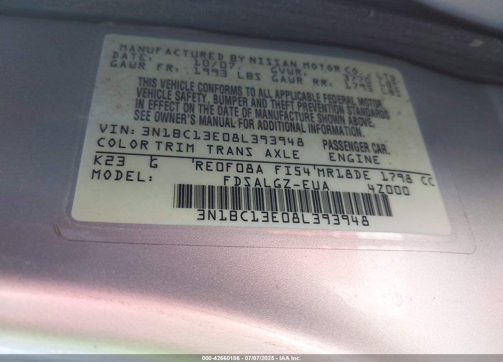2008 NISSAN VERSA VIN: 3N1BC13E08L393948