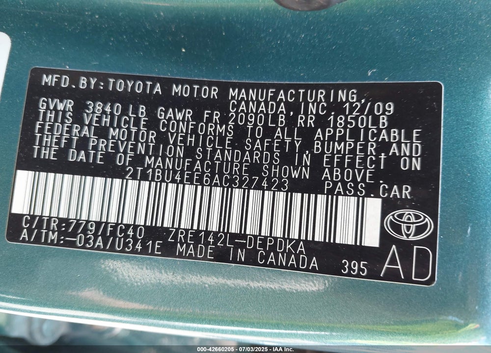 2010 TOYOTA COROLLA VIN: 2T1BU4EE6AC327423