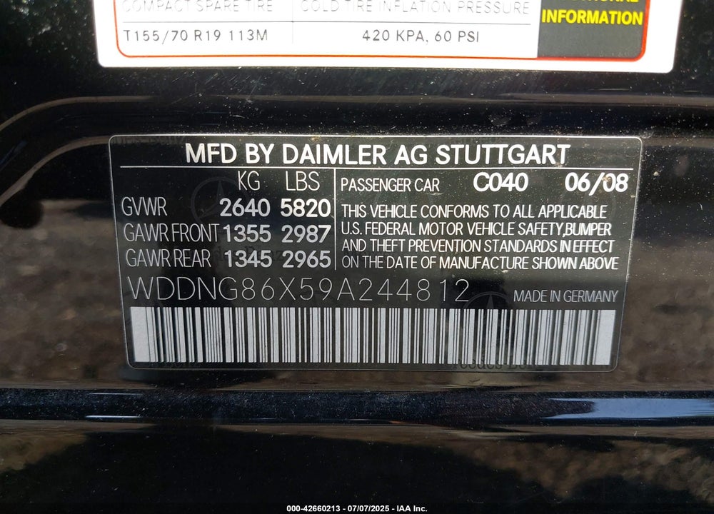 2009 MERCEDES-BENZ S CLASS VIN: WDDNG86X59A244812