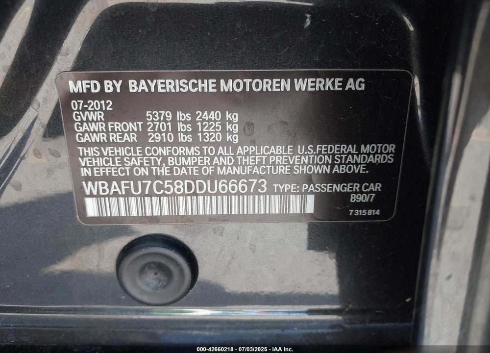 2013 BMW 5 SERIES VIN: WBAFU7C58DDU66673
