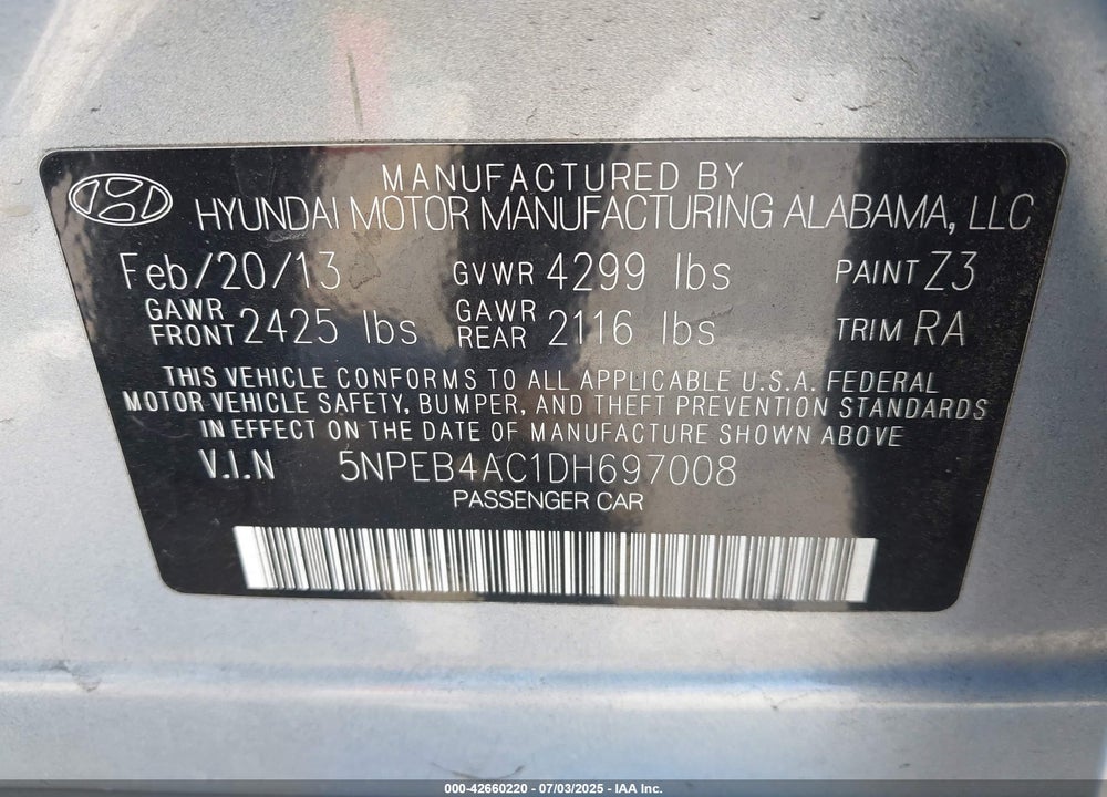 2013 HYUNDAI SONATA GLS VIN: 5NPEB4AC1DH697008
