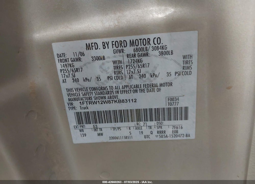 2007 FORD F-150 XLT VIN: 1FTRW12W87KB83112