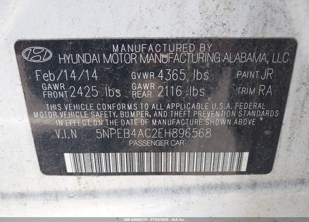 2014 HYUNDAI SONATA VIN: 5NPEB4AC2EH896568