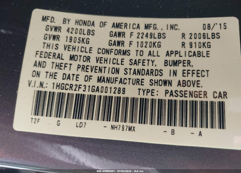 2016 HONDA ACCORD VIN: 1HGCR2F31GA001289