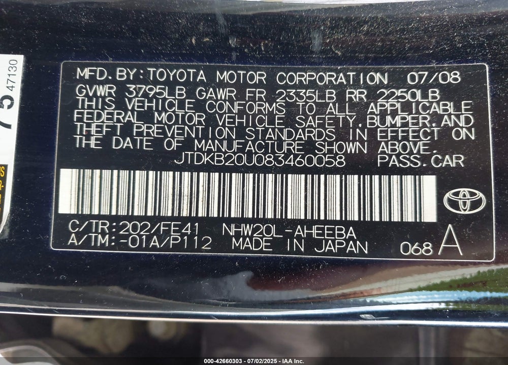 2008 TOYOTA PRIUS VIN: JTDKB20U083460058