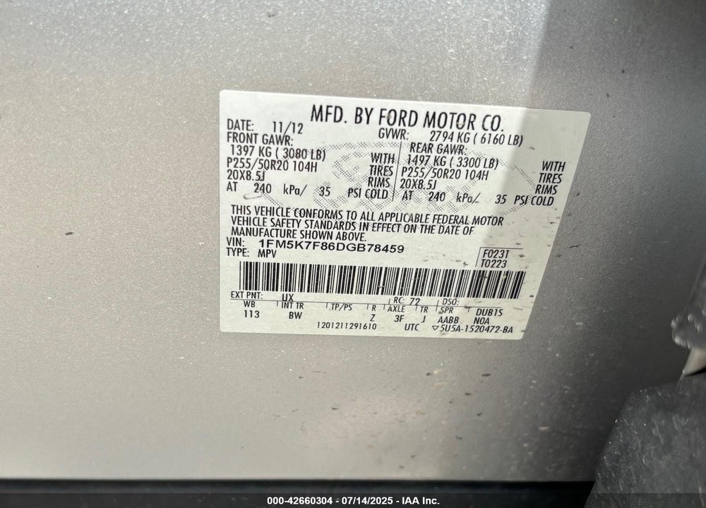 2013 FORD EXPLORER LIMITED VIN: 1FM5K7F86DGB78459