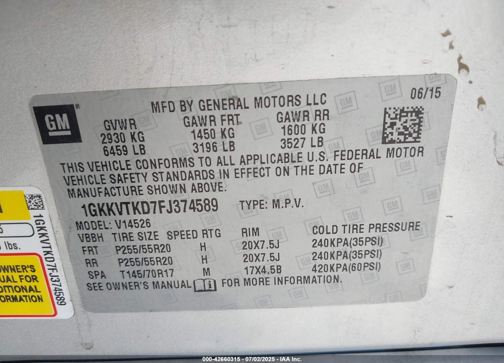 2015 GMC ACADIA VIN: 1GKKVTKD7FJ374589