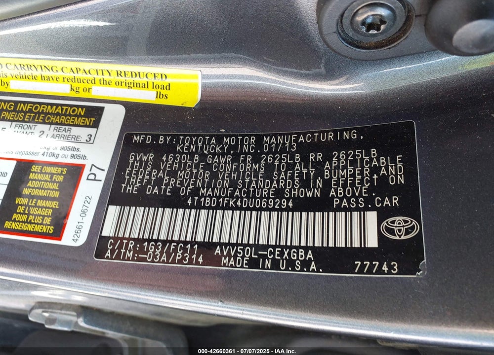 2013 TOYOTA CAMRY HYBRID VIN: 4T1BD1FK4DU069294